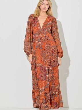 Rust Floral Maxi Dress with Deep V-Neck and Bishop Sleeves